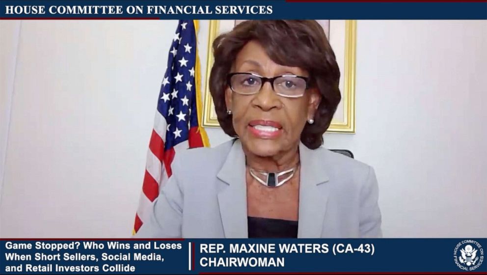 PHOTO: Rep. Maxine Waters makes opening remarks during the US House Committee on Financial Services virtual hearing "Game Stopped? Who Wins and Loses When Short Sellers, Social Media, and Retail Investors Collide" in Washington, D.C., Feb. 18, 2021.
