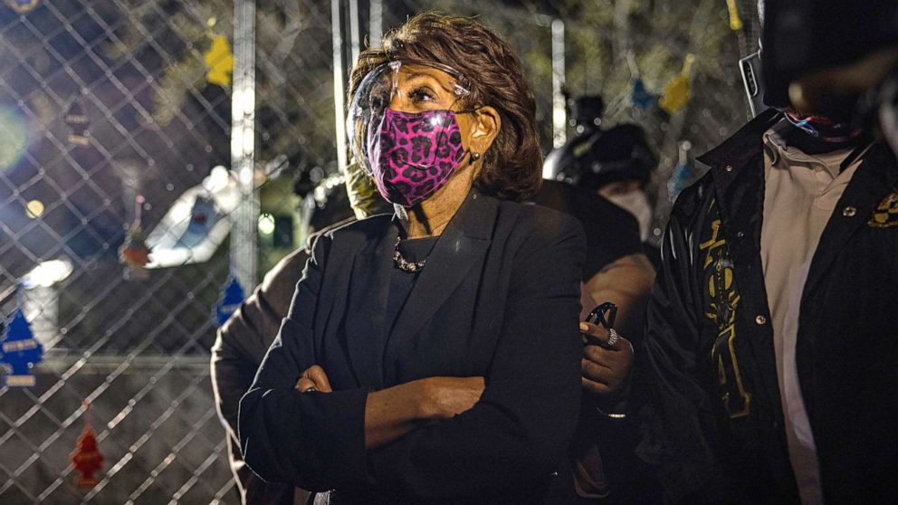 PHOTO: Maxine Waters visits protestors at the Brooklyn Center Police Department in Brooklyn Center, Minn. on April 17, 2021, on the sixth day of protesting following the fatal police shooting of Daunte Wright.  