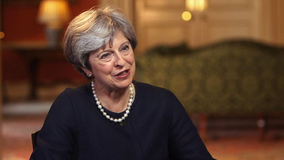 PHOTO: Prime Minister Theresa May speaks to ABC News' chief anchor George Stephanopoulos in London in September 2017.