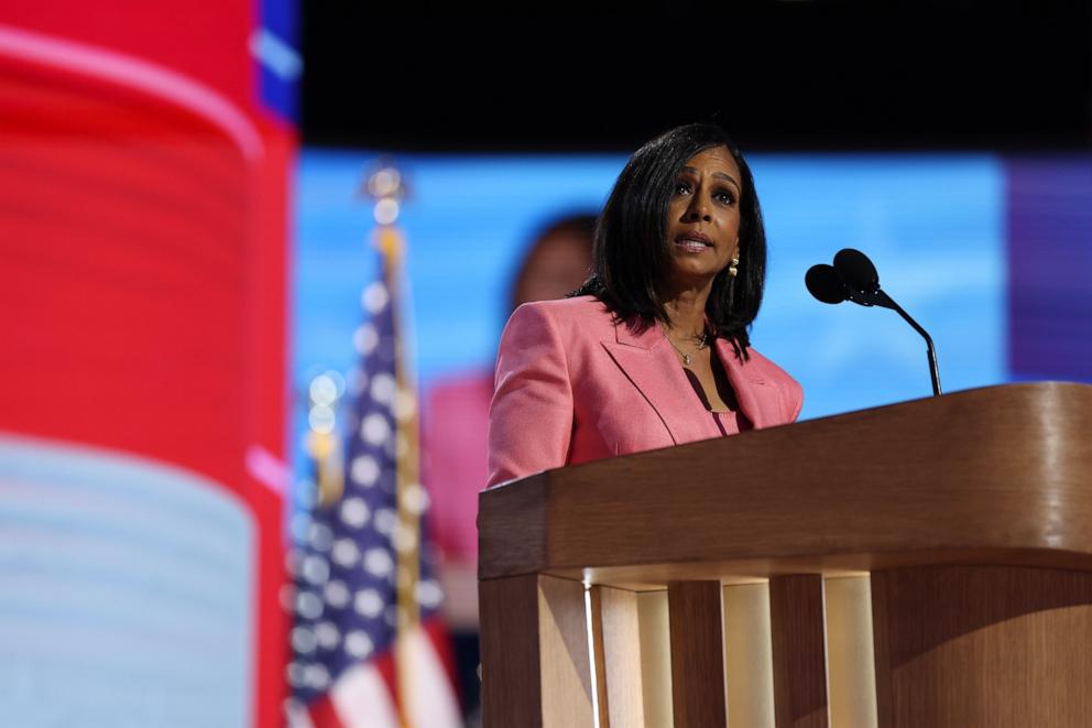 PHOTO: Maya Harris, sister of U.S. Vice President Kamala Harris, speaks on stage during the final day of the Democratic National Convention at the United Center on Aug. 22, 2024 in Chicago.