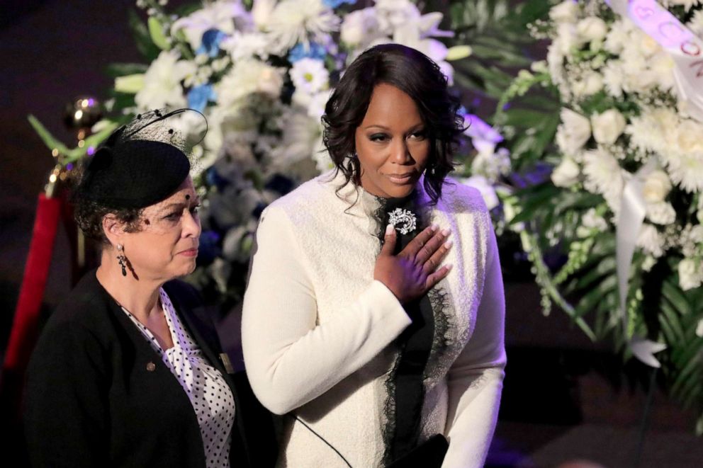 PHOTO: Maya Rockeymoore Cummings gestures while entering the sanctuary during funeral services for her late husband U.S. Representative Elijah Cummings at the New Psalmist Baptist Church, Oct. 25, 2019, in Baltimore, Maryland.