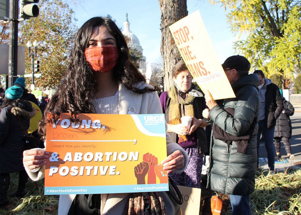 PHOTO: Maya Ward, 25, of Columbia, S.C., demonstrates outside of the U.S. Supreme Court as it hears oral arguments in the Mississippi abortion rights case Dobbs v. Jackson Women's Health, in Washington, D.C., Dec. 1, 2021.