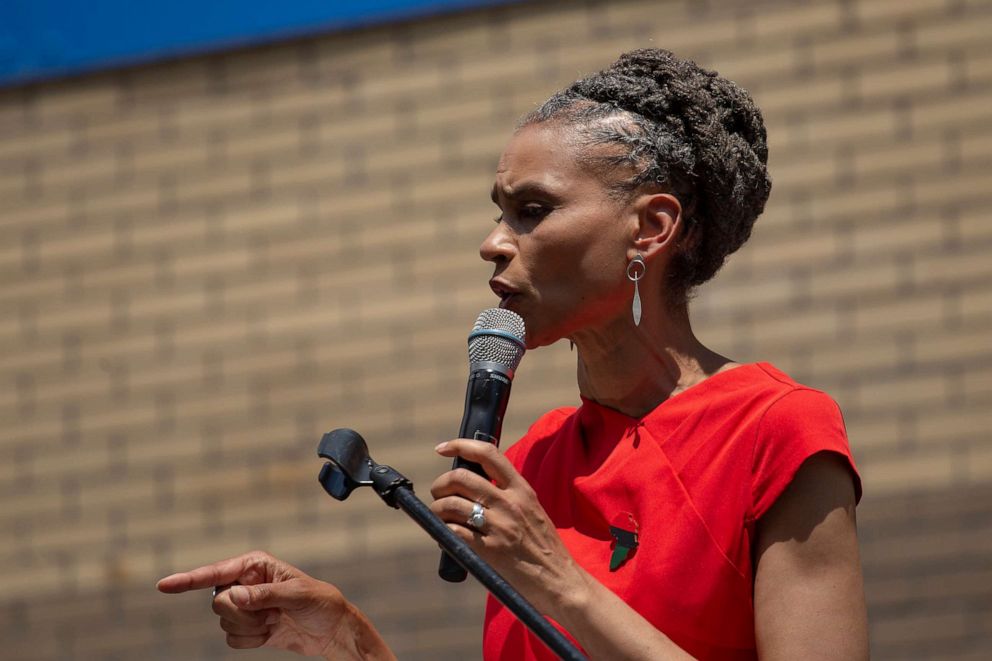 PHOTO: New York City mayoral candidate Maya Wiley speaks at the unveiling of a mural in Chinatown, June 20, 2021m, in New York City.