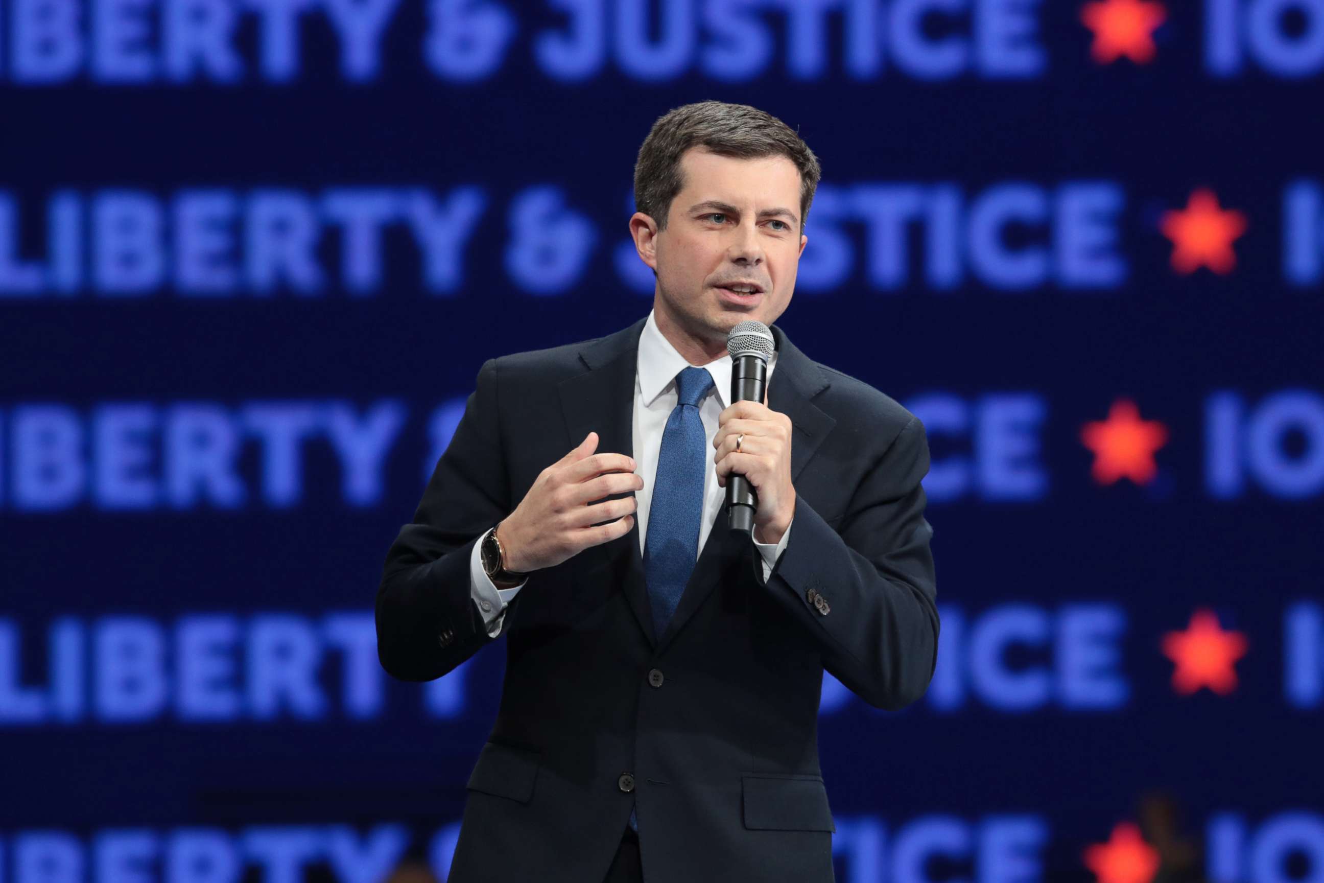 PHOTO: Democratic presidential candidate South Bend, Indiana Mayor Pete Buttigieg speaks at the Liberty and Justice Celebration at the Wells Fargo Arena on November 01, 2019 in Des Moines, Iowa.