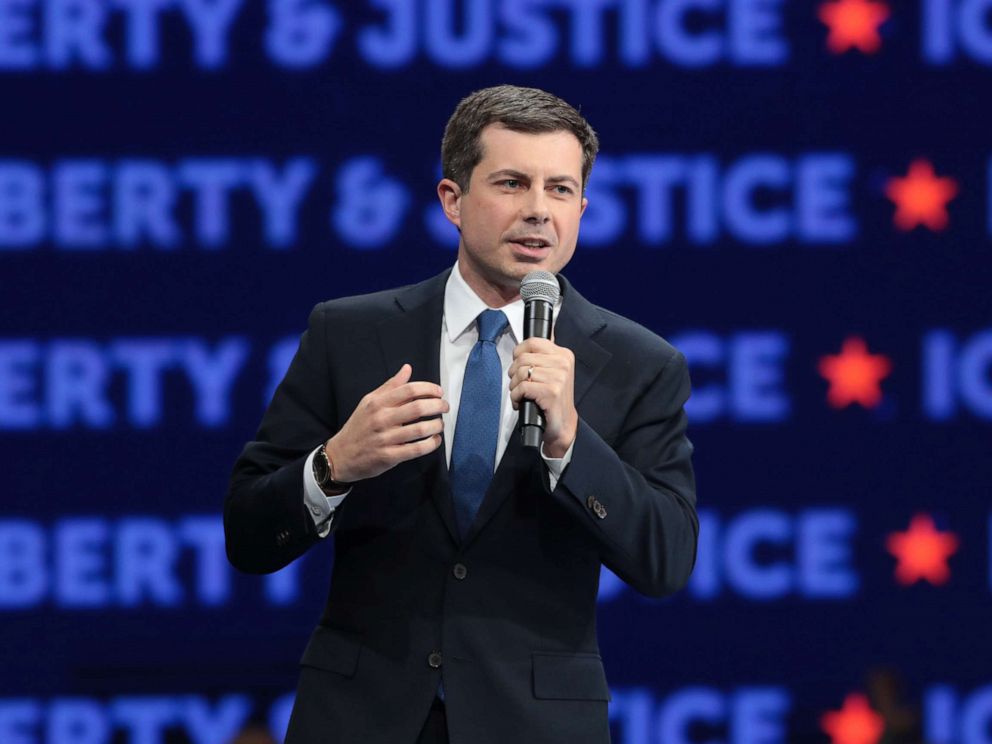 PHOTO: Democratic presidential candidate South Bend, Indiana Mayor Pete Buttigieg speaks at the Liberty and Justice Celebration at the Wells Fargo Arena on November 01, 2019 in Des Moines, Iowa.