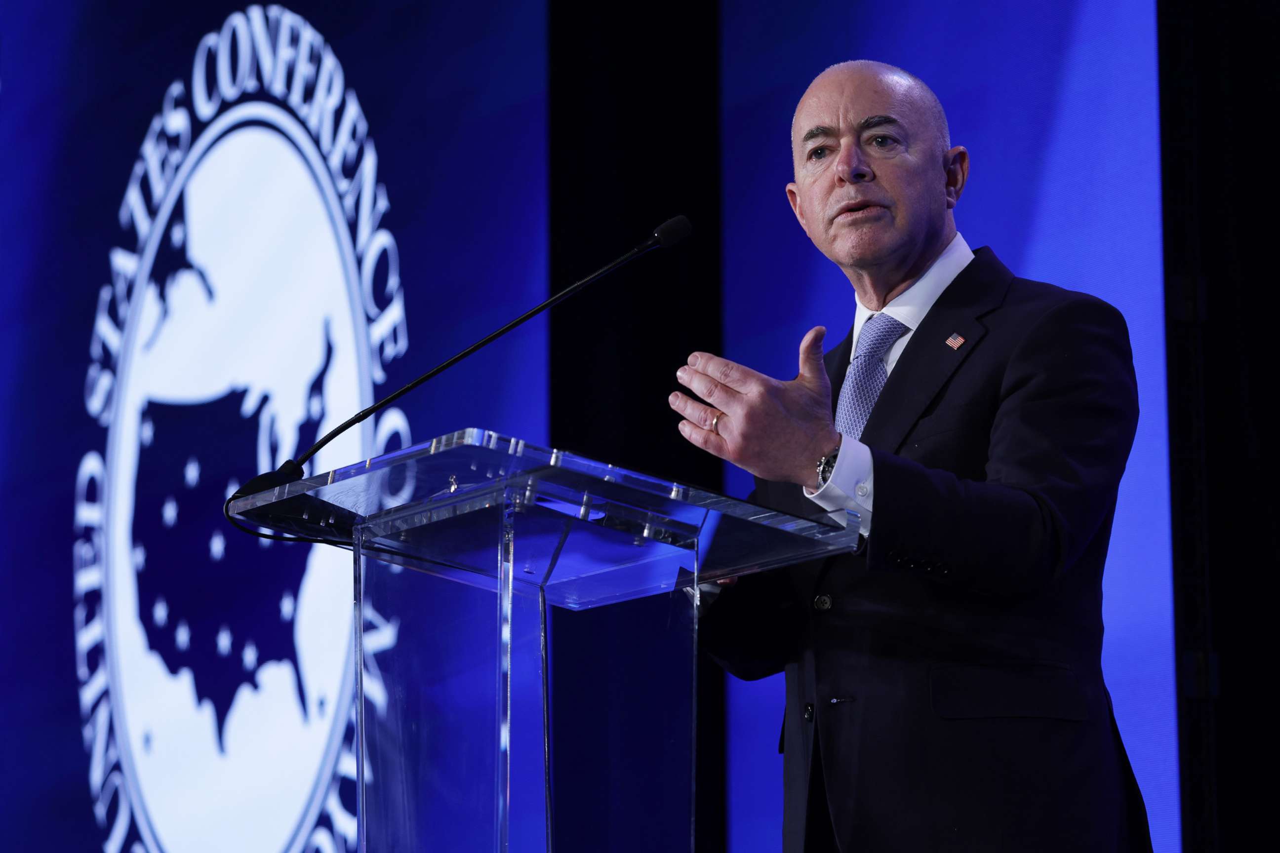 PHOTO: Secretary of Homeland Security Alejandro Mayorkas speaks during the 90th Winter Meeting of USCM on Jan. 20, 2022 in Washington, DC.