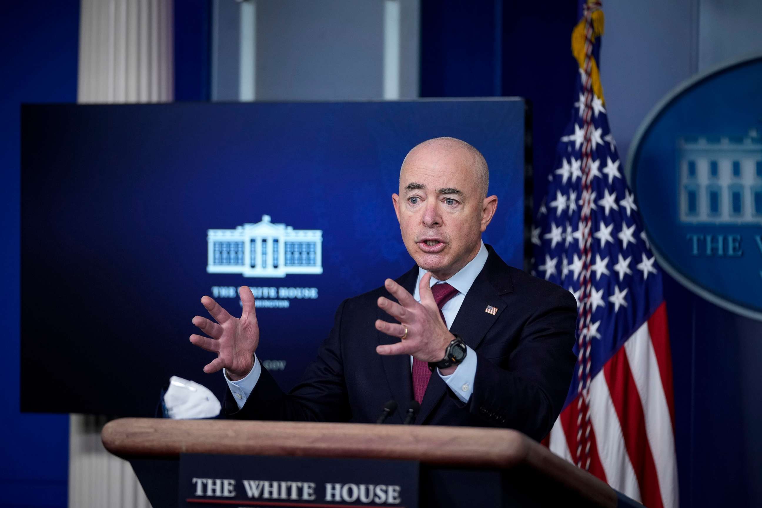 PHOTO: Secretary of Homeland Security Alejandro Mayorkas speaks during the daily press briefing at the White House, March 1, 2021, in Washington, D.C.