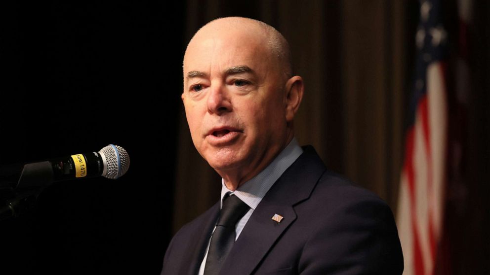 PHOTO: Secretary of Homeland Security Alejandro Mayorkas speaks during the third day of the 2022 National Action Network's Annual Convention on April 08, 2022 in New York City.