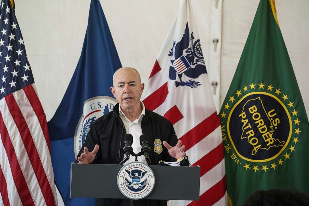 PHOTO: Department of Homeland Security Secretary Alejandro Mayorkas attends a press conference at a temporary Customs and Border Protection processing center on May 7, 2021, in Donna, Texas.
