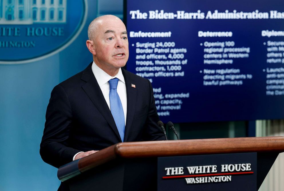 PHOTO: Secretary of Homeland Security Alejandro Mayorkas speaks during the daily news briefing at the James S. Brady Press Briefing Room of the White House, May 11, 2023, in Washington, D.C