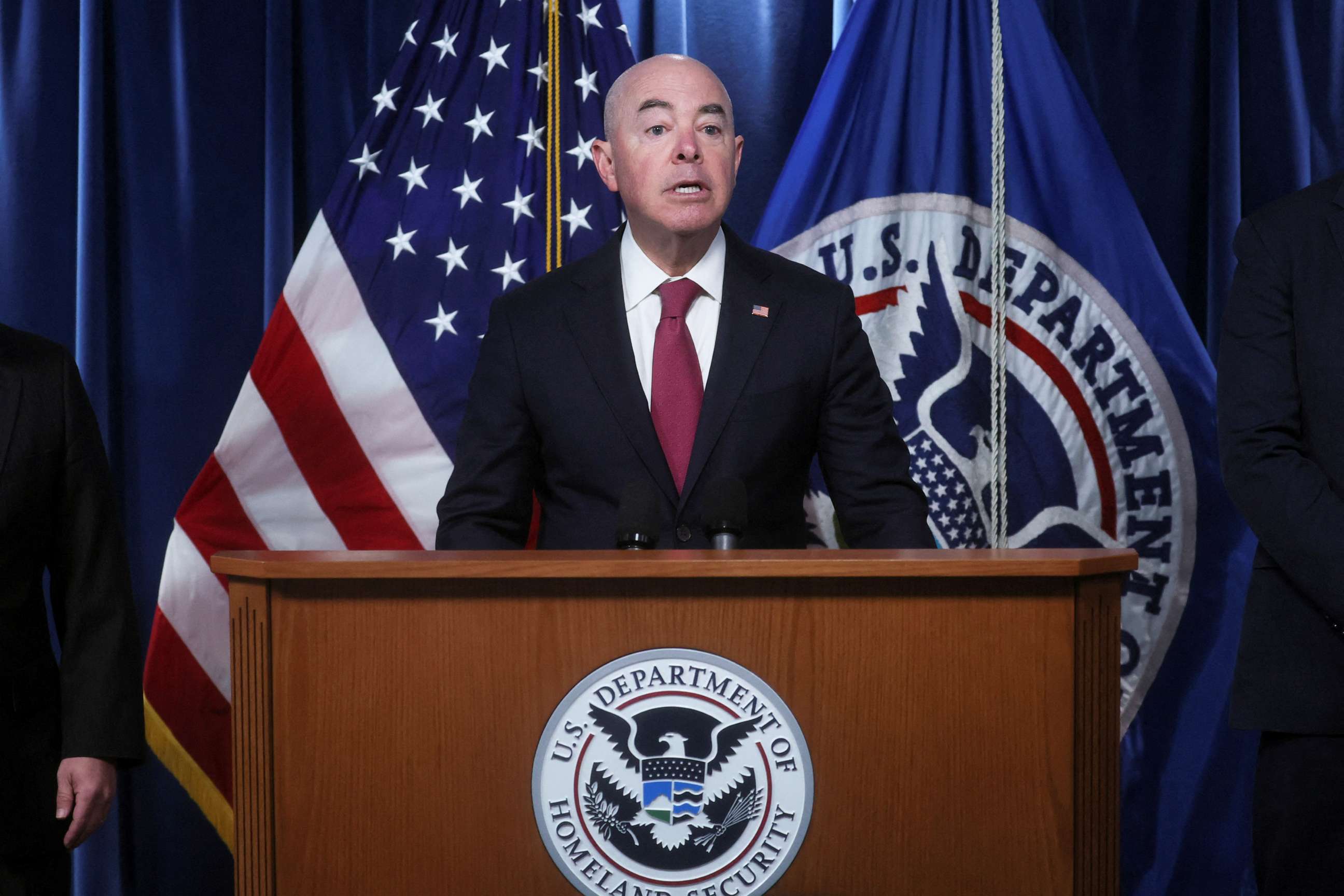 PHOTO: DHS Secretary Alejandro Mayorkas delivers remarks on "planning and operations" ahead of the lifting of the Title 42 order, during a press briefing at U.S. Customs and Border Protection headquarters in Washington, D.C., on May 10, 2023.