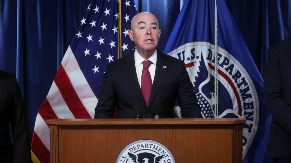 PHOTO: DHS Secretary Alejandro Mayorkas delivers remarks on "planning and operations" ahead of the lifting of the Title 42 order, during a press briefing at U.S. Customs and Border Protection headquarters in Washington, D.C., on May 10, 2023.