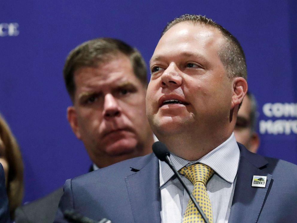 PHOTO: Mayor Bryan Barnett of Rochester Hills, Mich., addresses a gathering during the annual meeting of the U.S. Conference of Mayors in Boston, June 8, 2018.