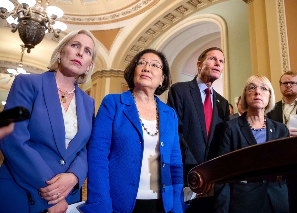 PHOTO: From left, Sen. Kirsten Gillibrand, Sen. Mazie Hirono, Sen. Richard Blumenthal and Sen. Patty Murray, assistant Senate minority leader, speak with reporters following their weekly policy meetings, at the Capitol in Washington, Sept. 18, 2018.