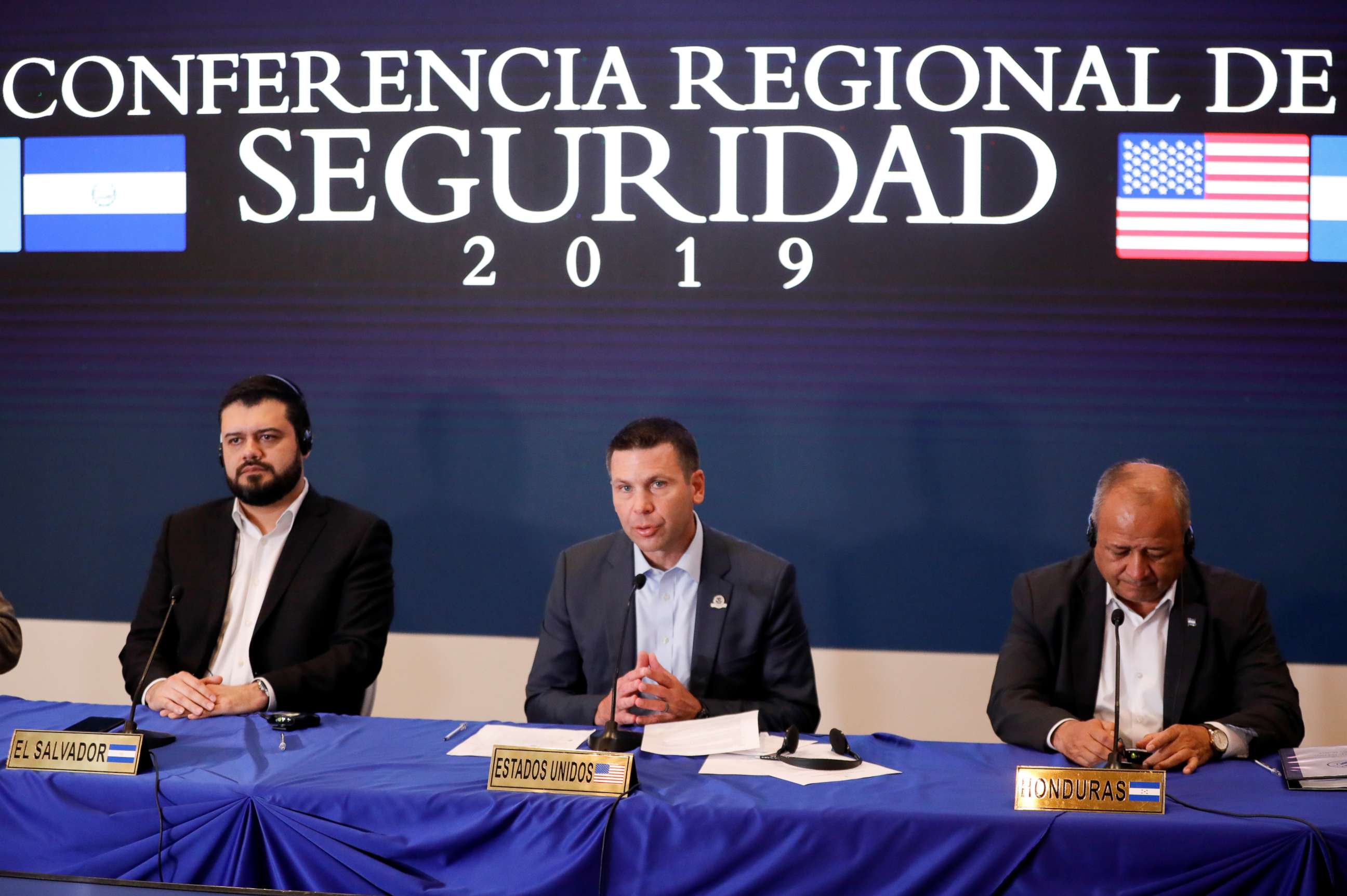 PHOTO: DHS Secretary Kevin McAleenan, El Salvador's Minister of Security Rogelio Rivas, and Honduran Minister of Security Julian Pacheco attend a news conference.