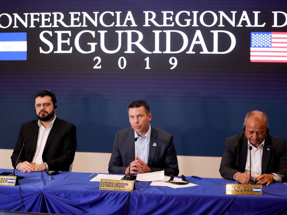 PHOTO: DHS Secretary Kevin McAleenan, El Salvadors Minister of Security Rogelio Rivas, and Honduran Minister of Security Julian Pacheco attend a news conference.