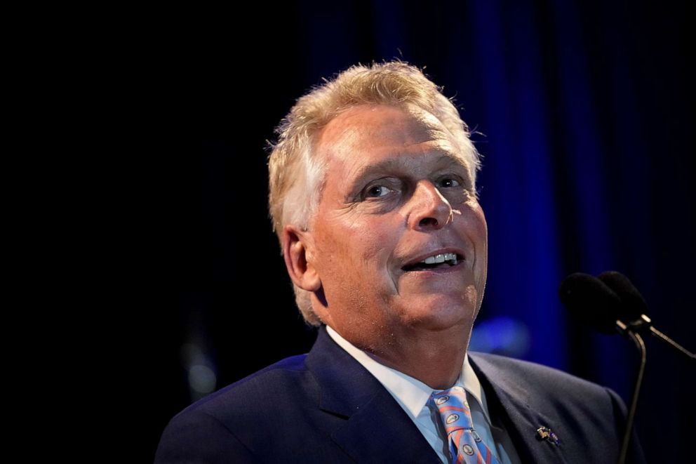 PHOTO: Gubernatorial candidate Terry McAuliffe greets supporters at an election-night event after winning the Democratic primary on June 8, 2021 in McLean, Va. 