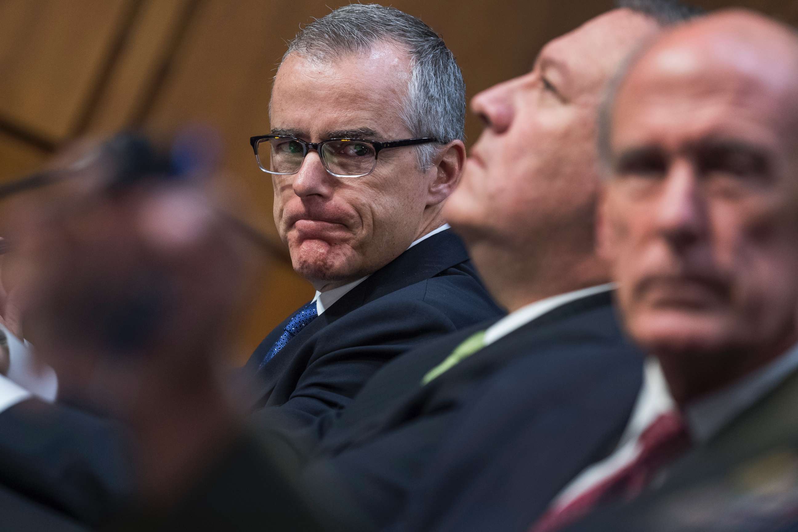 PHOTO: Acting FBI Director Andrew McCabe, CIA Director Mike Pompeo, and Director of National Intelligence Daniel Coats, appear during a Senate Intelligence Committee hearing in Washington on May 11, 2017. 