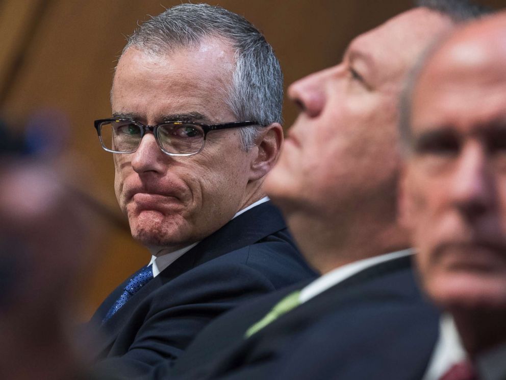 PHOTO: Acting FBI Director Andrew McCabe, CIA Director Mike Pompeo, and Director of National Intelligence Daniel Coats, appear during a Senate Intelligence Committee hearing in Washington on May 11, 2017.