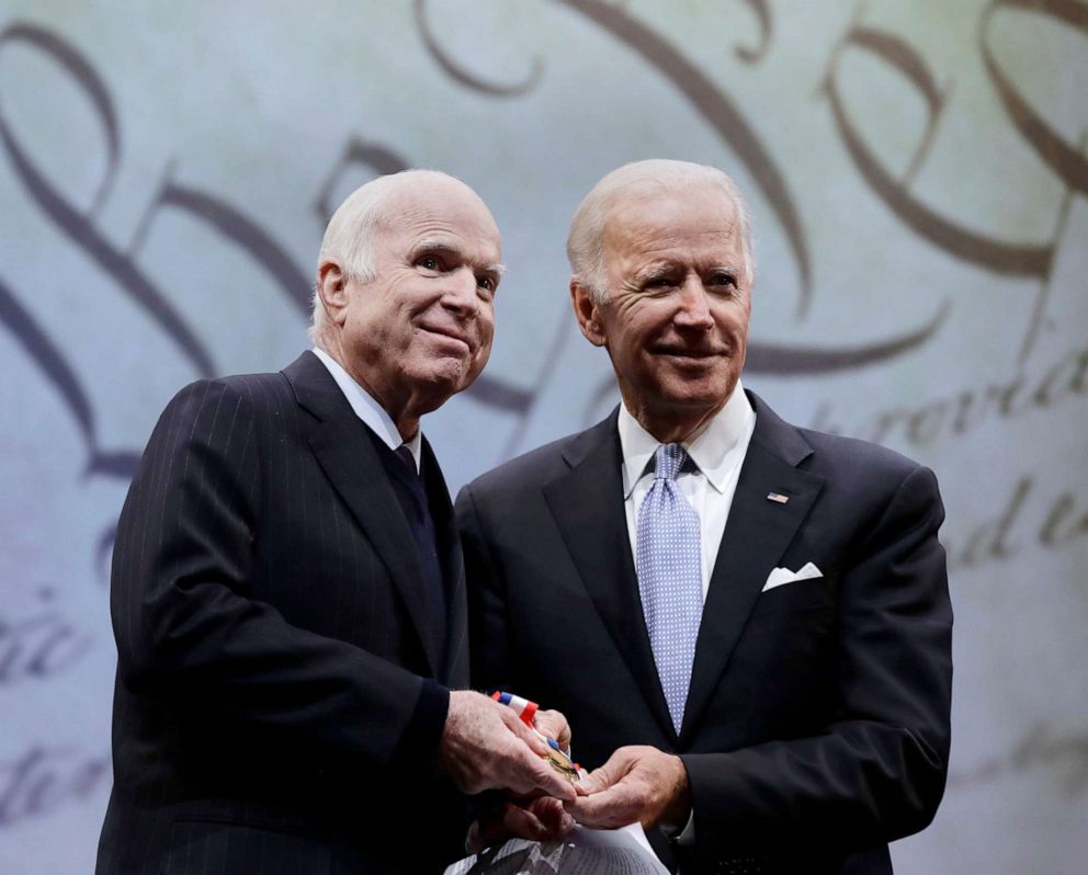 PHOTO: Sen. John McCain receives the Liberty Medal from Chair of the National Constitution Center's Board of Trustees, former Vice President Joe Biden, Oct. 16, 2017, in Philadelphia.