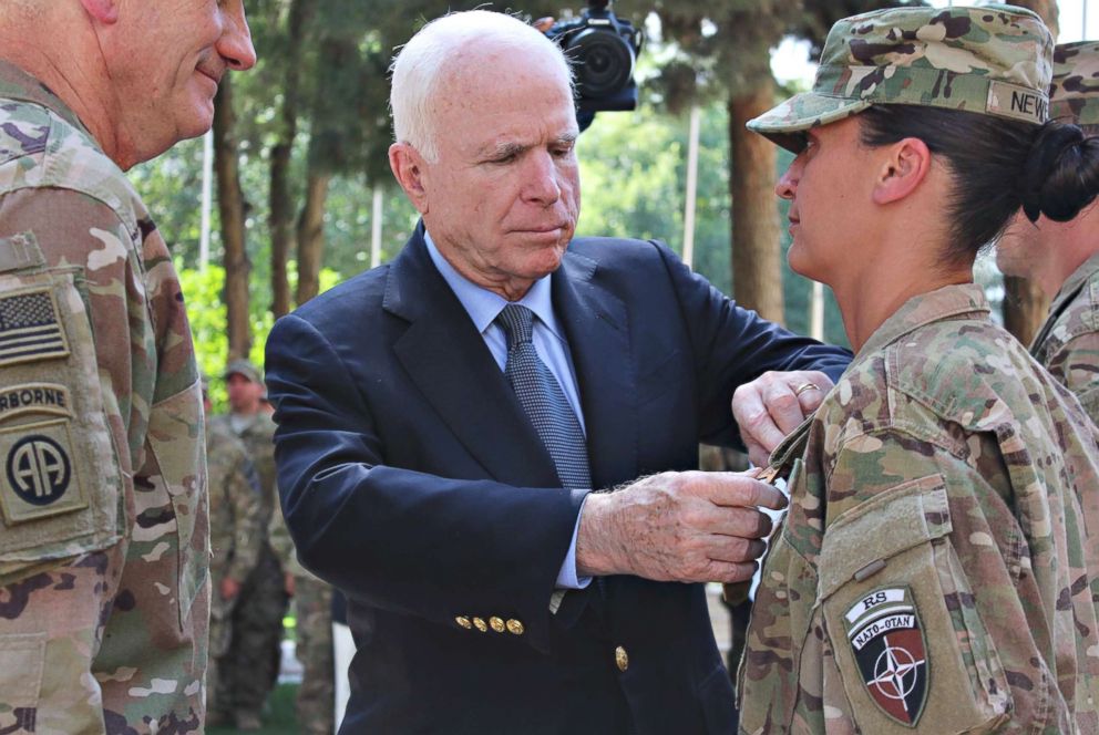 PHOTO: File photo of Sen. John McCain visiting with NATO soldiers at ISAF HQ in Kabul on July 4, 2017. 