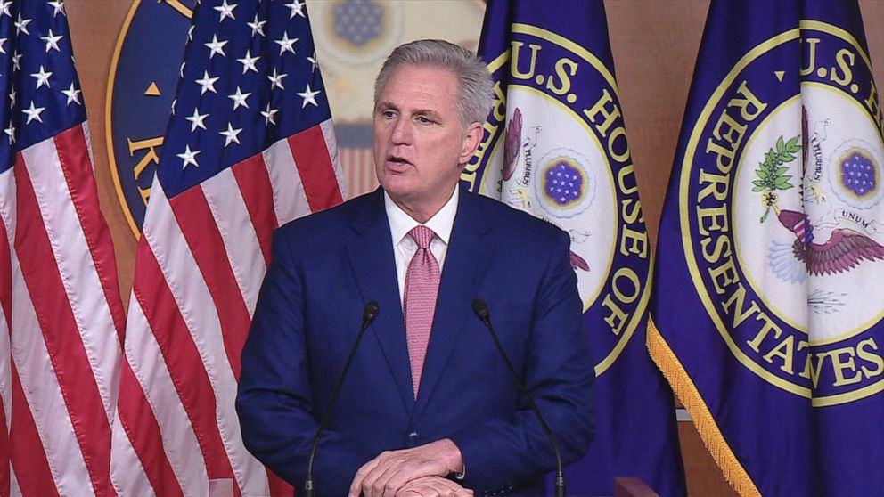 PHOTO: House Minority Leader Kevin McCarthy speaks ot the press on Jan. 13, in Washington, D.C.