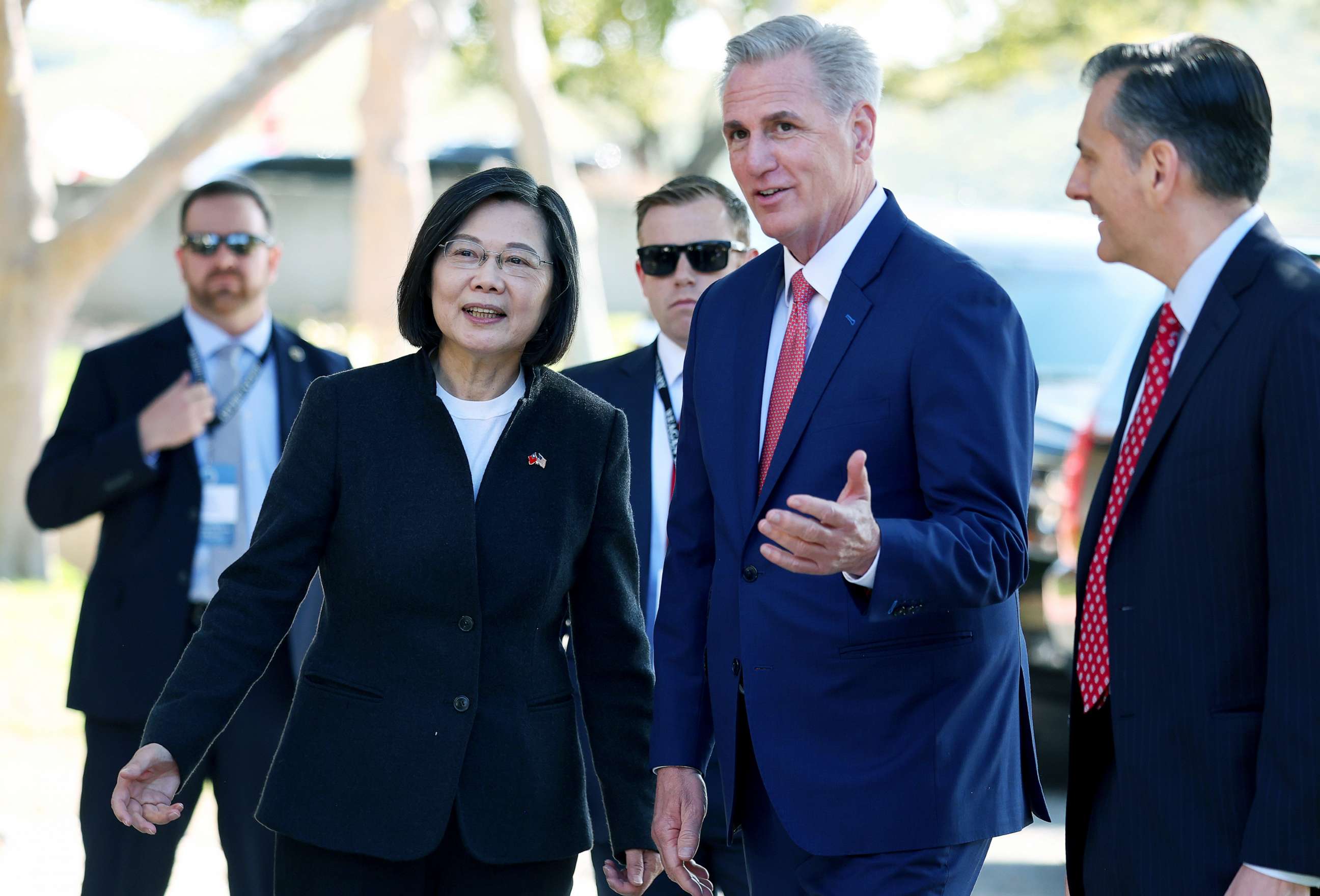 PHOTO: Speaker of the House Kevin McCarthy greets Taiwanese President Tsai Ing-wen on arrival at the Ronald Reagan Presidential Library for a bipartisan meeting, April 5, 2023, in Simi Valley, Calif.