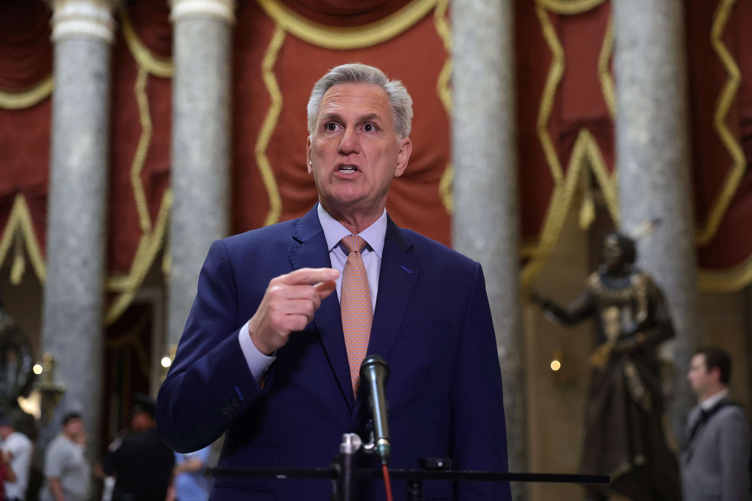 PHOTO: House Speaker Kevin McCarthy speaks to the media during a briefing in National Statuary Hall at the Capitol, July 17, 2023.