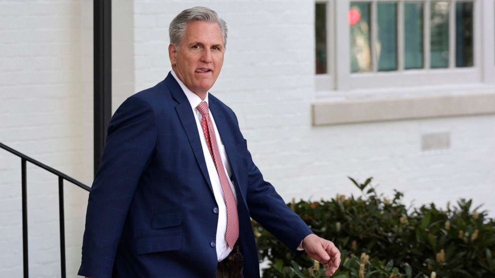 PHOTO: House Minority Leader Kevin McCarthy leaves a House Republican conference meeting  on Capitol Hill, April 27, 2022, in Washington, D.C.