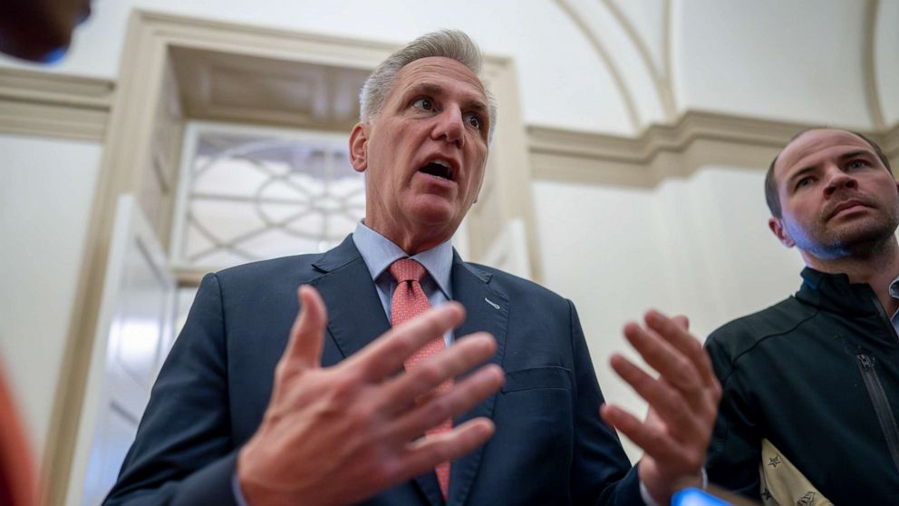 PHOTO: Speaker of the House Kevin McCarthy speaks to reporters at the Capitol in Washington, D.C., amidst ongoing debt ceiling negotiations, May 24, 2023.