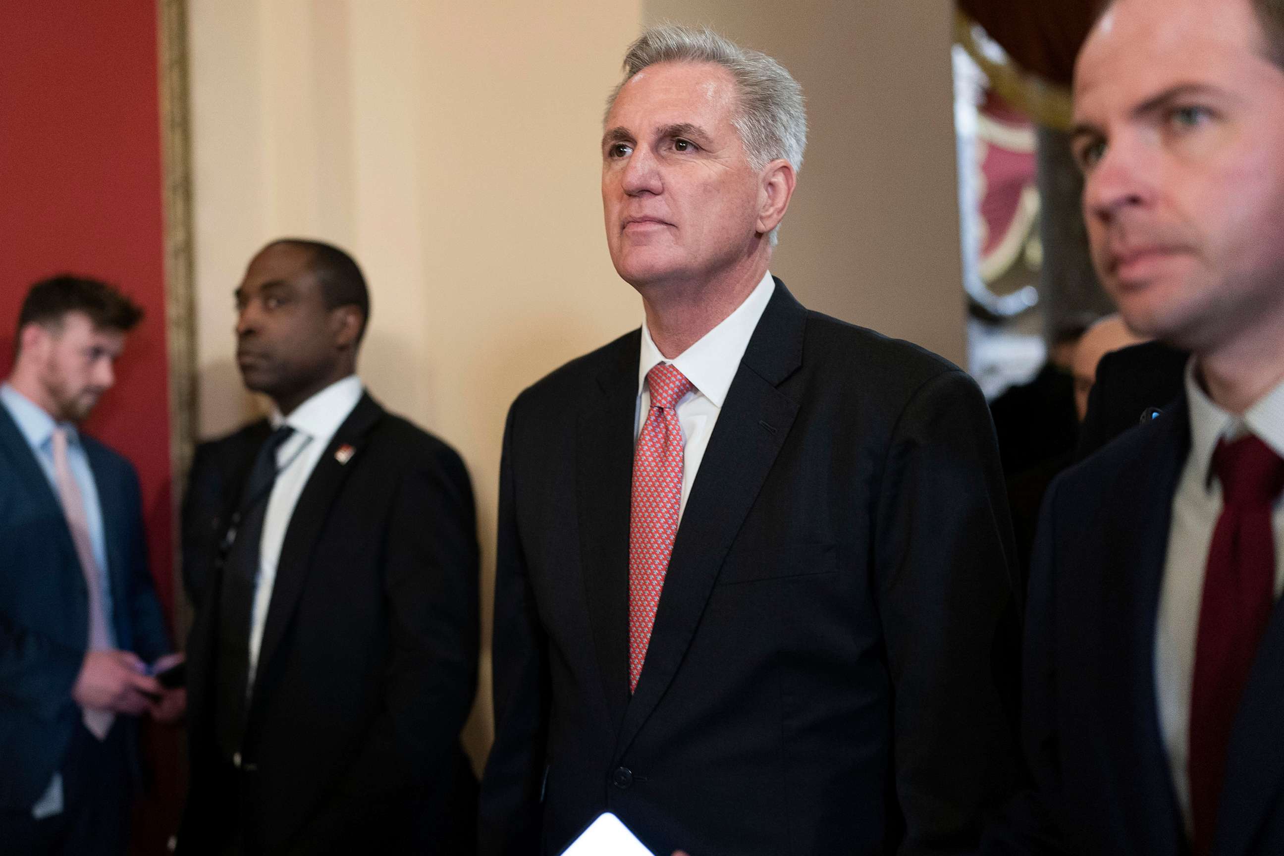 PHOTO: Rep. Kevin McCarthy talks to reporters as he walks to the House chamber as the House meets for the third day to elect a Speaker at the U.S. Capitol in Washington, Jan. 5, 2023.
