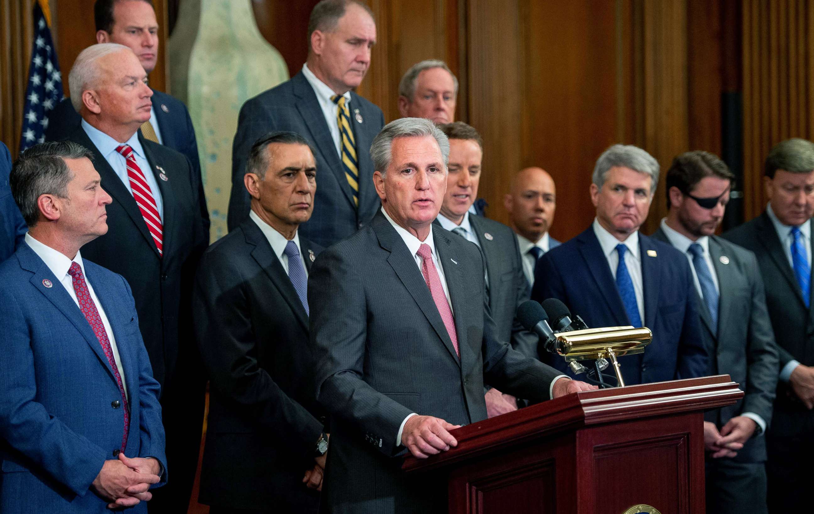 PHOTO: House Minority Leader Kevin McCarthy speaks alongside fellow Republicans about the military withdrawal from Afghanistan, criticizing President Joe Biden's actions, during a press conference at the Capitol, Aug. 31, 2021. 