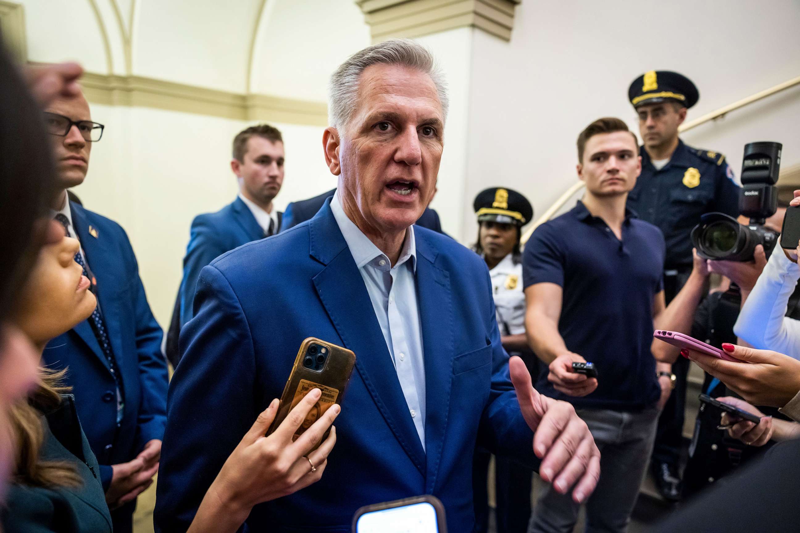 PHOTO: Speaker of the House Kevin McCarthy speaks to reporters about negotiations with the White House over the debt limit as he arrives at the U.S. Capitol in Washington, D.C., May 26, 2023, before the Memorial Day holiday weekend.