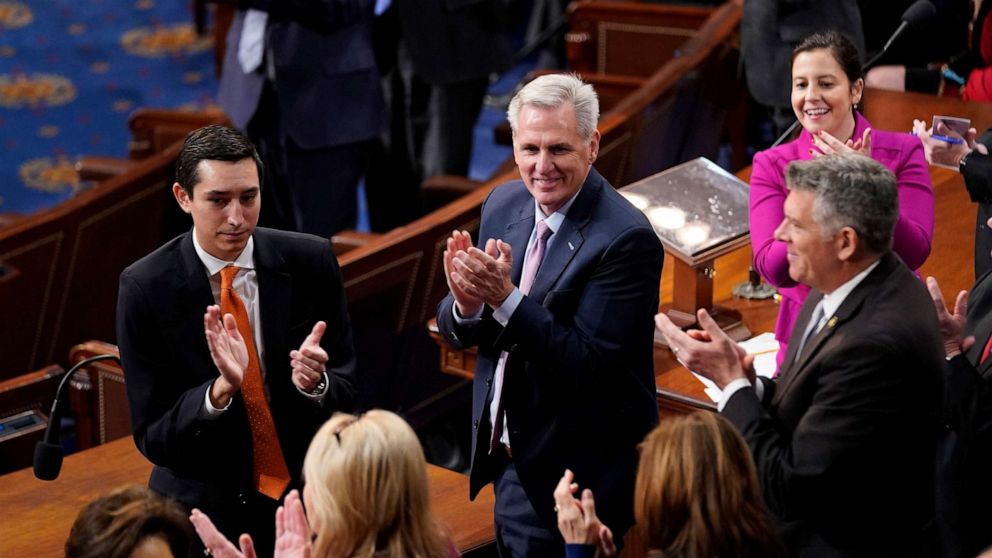 PHOTO: Rep. Kevin McCarthy applauds after another holdout voted for him in the 12th round of voting for speaker as the House meets for the fourth day to elect a speaker and convene the 118th Congress in Washington, Jan. 6, 2023.
