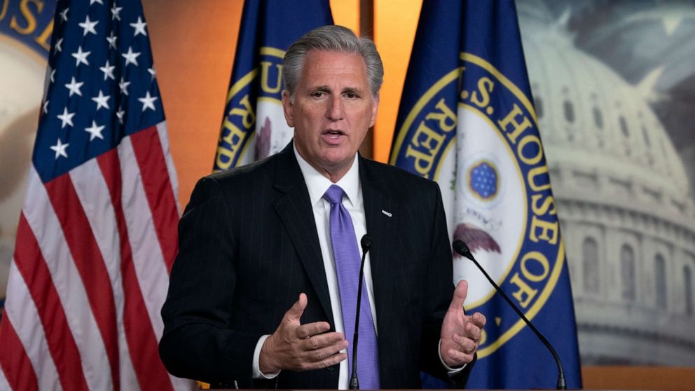 PHOTO: House Republican Leader Kevin McCarthy, D-Calif., speaks to reporters at his weekly news conference at the Capitol, July 25, 2019. 