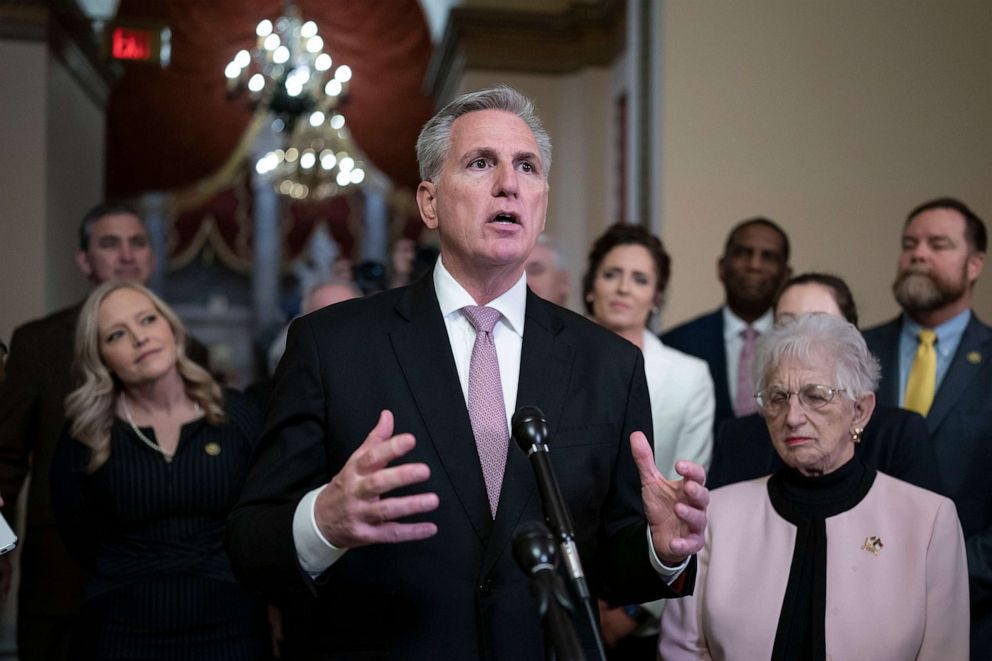PHOTO: Speaker of the House Kevin McCarthy talks to reporters after the House passed the "Parents' Bill of Rights Act," that would fulfill a campaign promise to give parents a role in what's taught in public schools, at the Capitol, March 24, 2023.