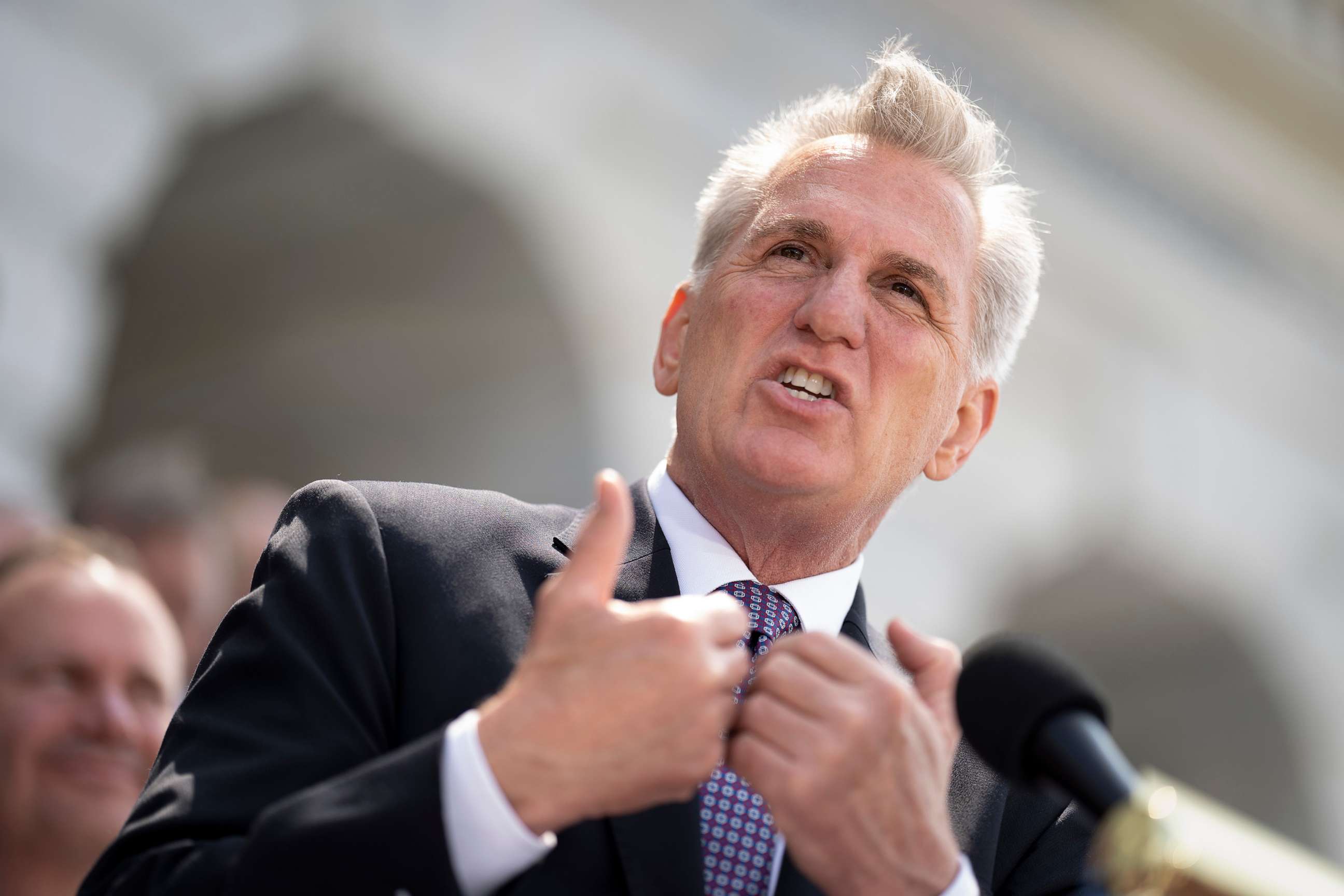PHOTO: Speaker of the House Kevin McCarthy is joined by Republicans from the Senate and the House as he leads an event on the debt limit negotiations, at the Capitol in Washington, May 17, 2023.