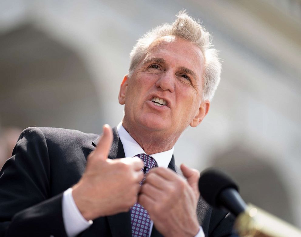 PHOTO: Speaker of the House Kevin McCarthy is joined by Republicans from the Senate and the House as he leads an event on the debt limit negotiations, at the Capitol in Washington, May 17, 2023.