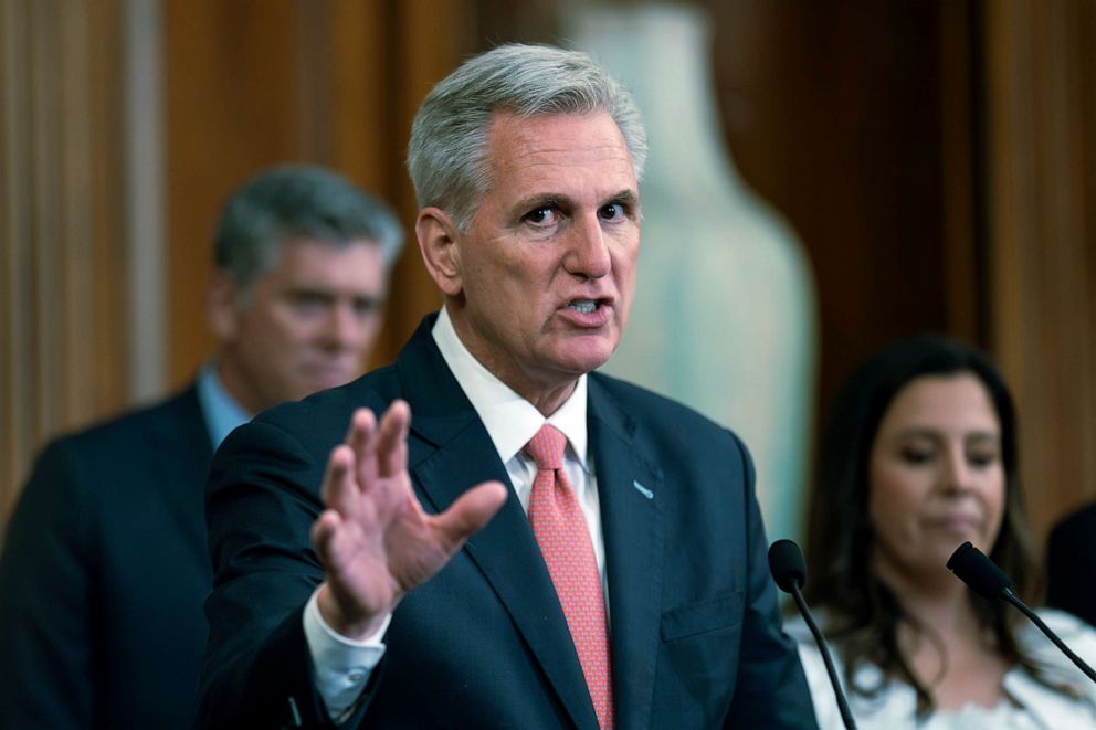 PHOTO: Speaker of the House Kevin McCarthy speaks at a news conference as the House prepares to leave for its August recess, at the Capitol in Washington, D.C., July 27, 2023.