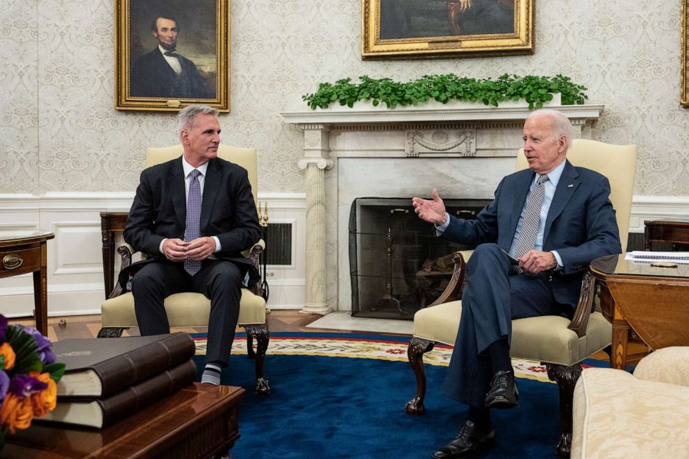 PHOTO: President Joe Biden meets with House Speaker Kevin McCarthy in the Oval Office of the White House, May 22, 2023 in Washington.