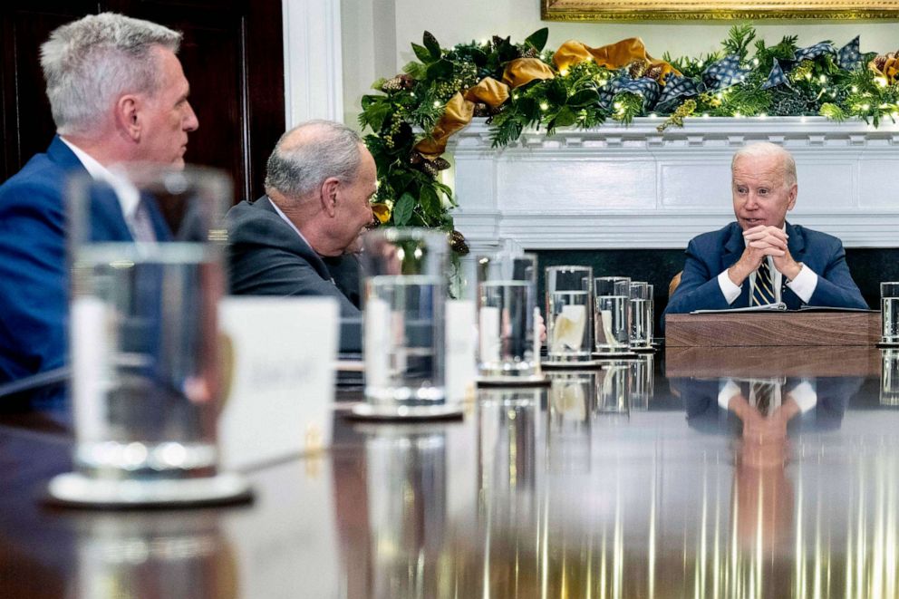PHOTO: FILE - President Joe Biden, right, speaks with congressional leaders, Nov. 29, 2022, in the Roosevelt Room of the White House in Washington, as House Minority Leader Kevin McCarthy of Calif., Senate Majority Leader Chuck Schumer, of N.Y.