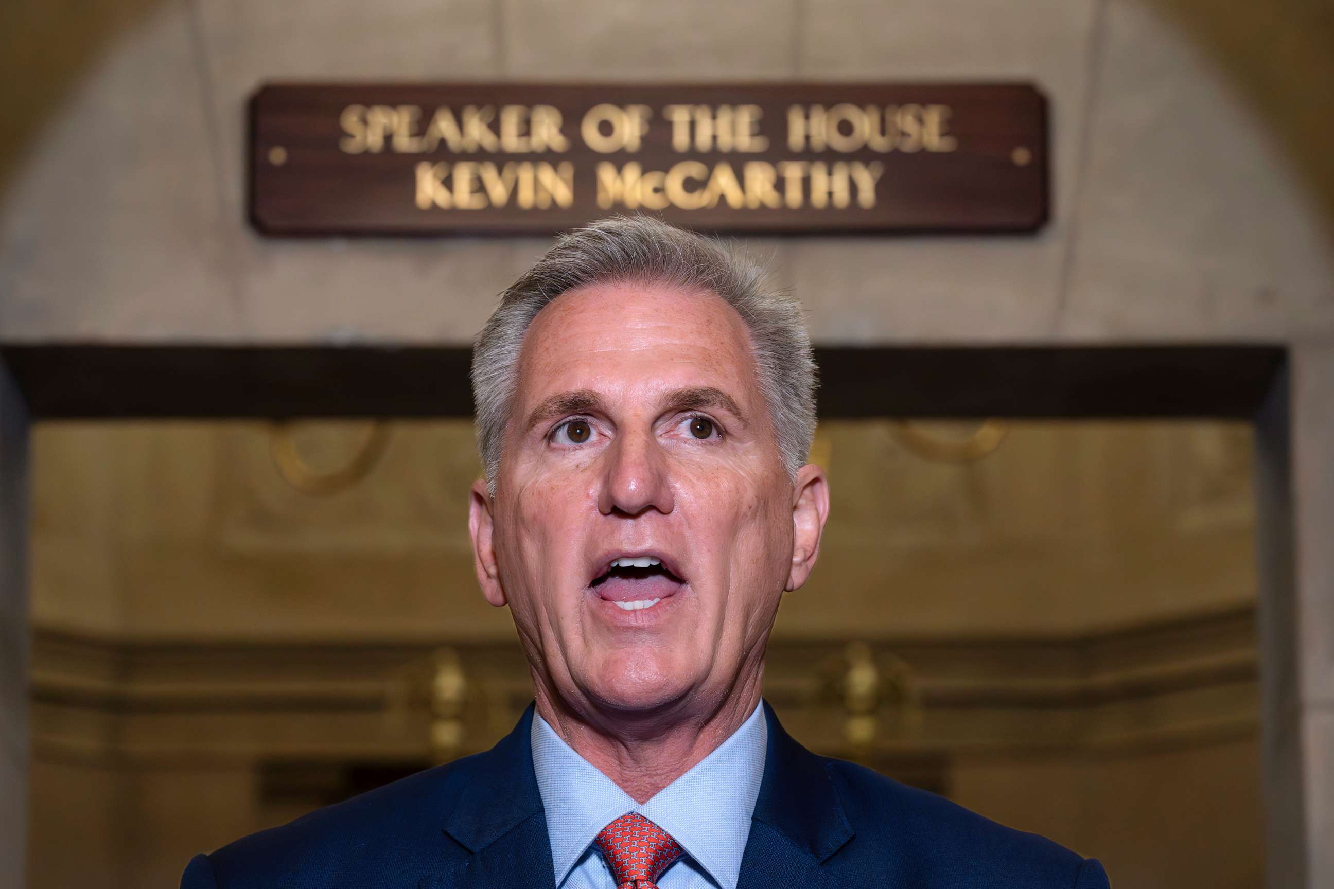 PHOTO: Speaker of the House Kevin McCarthy, R-Calif., speaks at the Capitol in Washington, Sept. 12, 2023. McCarthy says he's directing a House committee to open a formal impeachment inquiry into President Joe Biden.