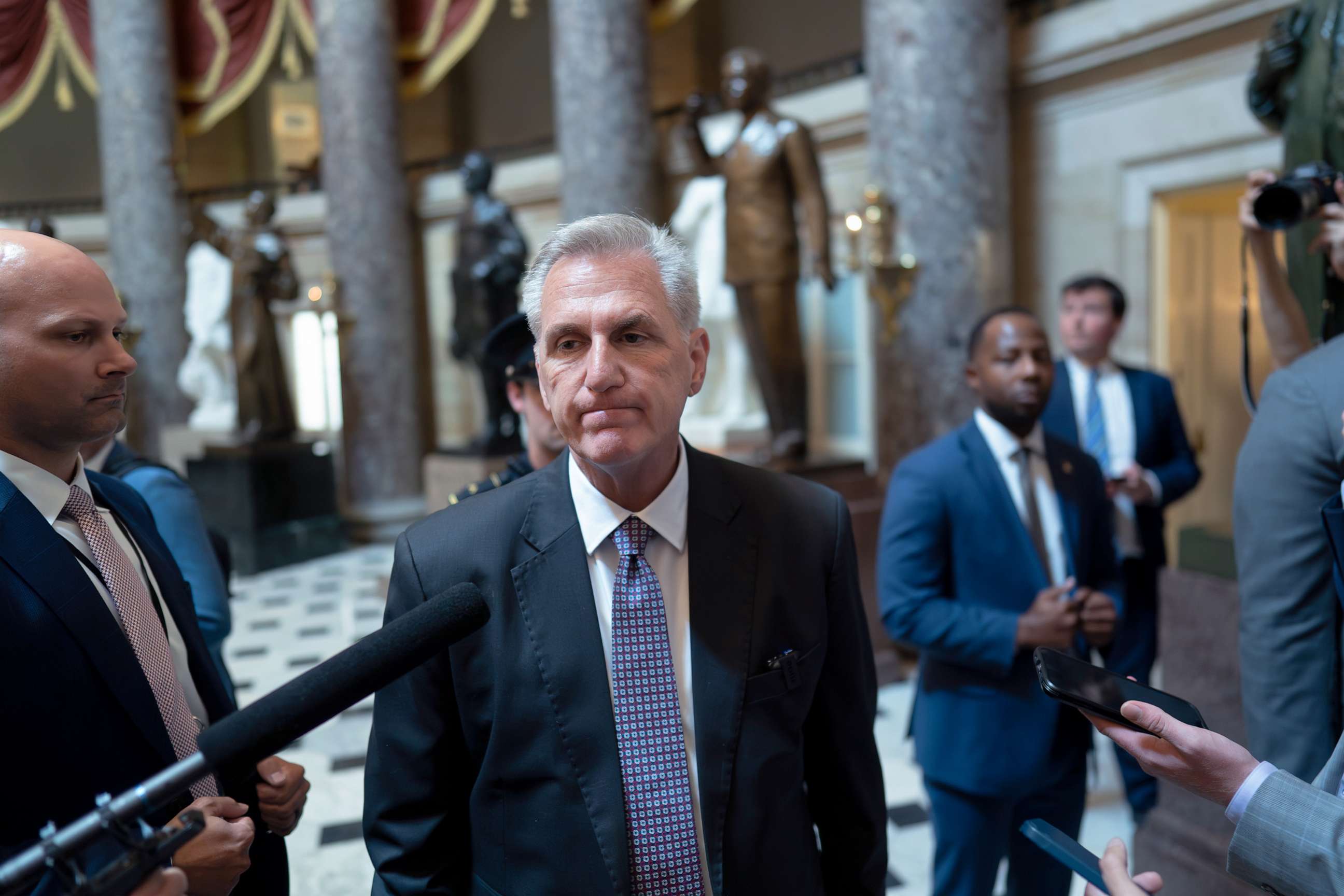 PHOTO: Speaker of the House Kevin McCarthy, R-Calif., talks to reporters about the debt limit negotiations outside his office at the Capitol in Washington, May 22, 2023.