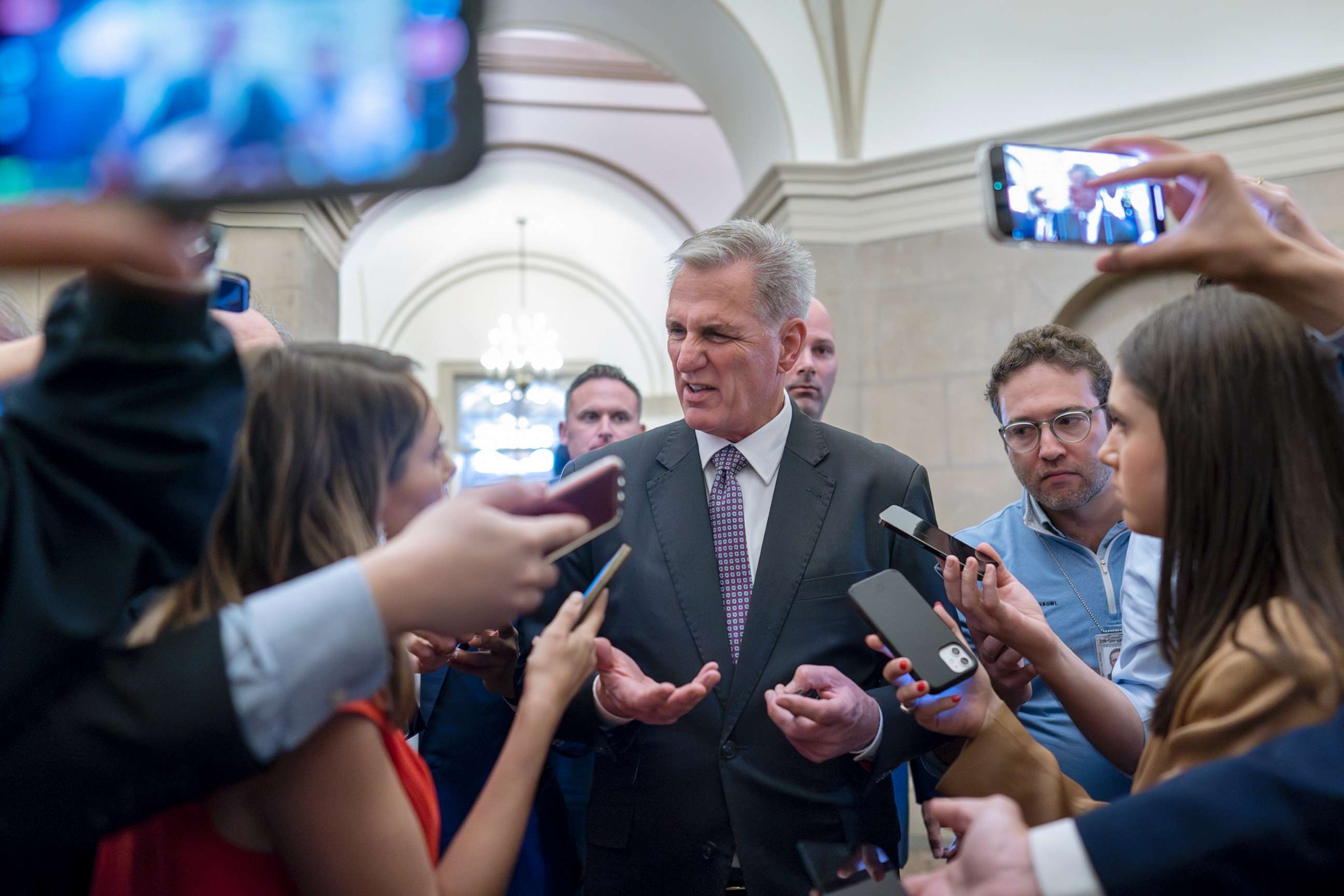 PHOTO: Speaker of the House Kevin McCarthy, R-Calif., talks to reporters about the debt limit negotiations as he arrives at the Capitol in Washington, May 22, 2023.