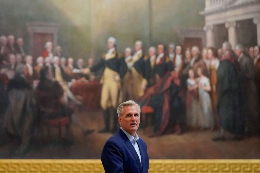 PHOTO: Speaker of the House Kevin McCarthy, R-Calif., walks in the Capitol Rotunda on Capitol Hill in Washington, May 21, 2023.