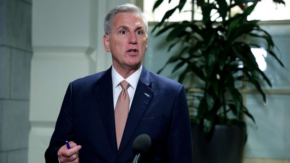 PHOTO: Speaker of the House, Kevin McCarthy speaks to the media following a Republican conference meeting on Capitol Hill in Washington, D.C., July 12, 2023.