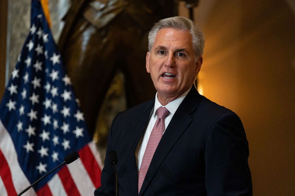 PHOTO: House Minority Leader Kevin McCarthy speaks during a ceremony unveiling a statue of Amelia Earhart in Statuary Hall at the U.S. Capitol in Washington, D.C., July 27, 2022.