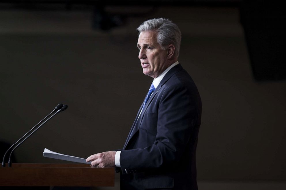 PHOTO:House Minority Leader Kevin McCarthy (R-CA) speaks during a weekly news conference, May 16, 2019, on Capitol Hill.