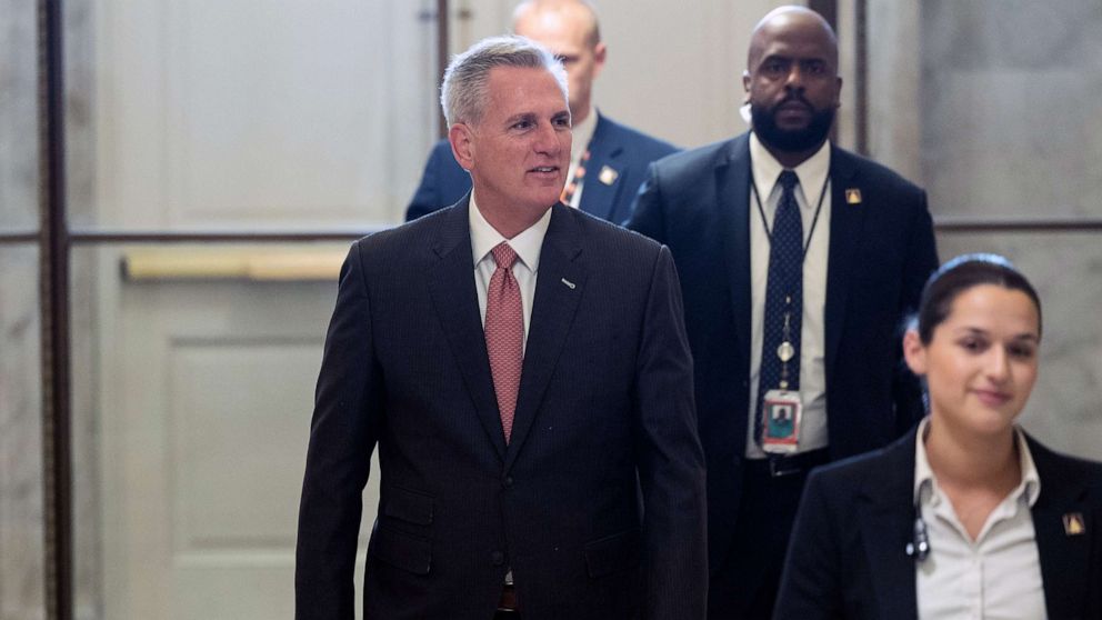 PHOTO: Speaker of the House Kevin McCarthy speaks to reporters as he arrives at the U.S. Capitol on May 25, 2023 in Washington, D.C.
