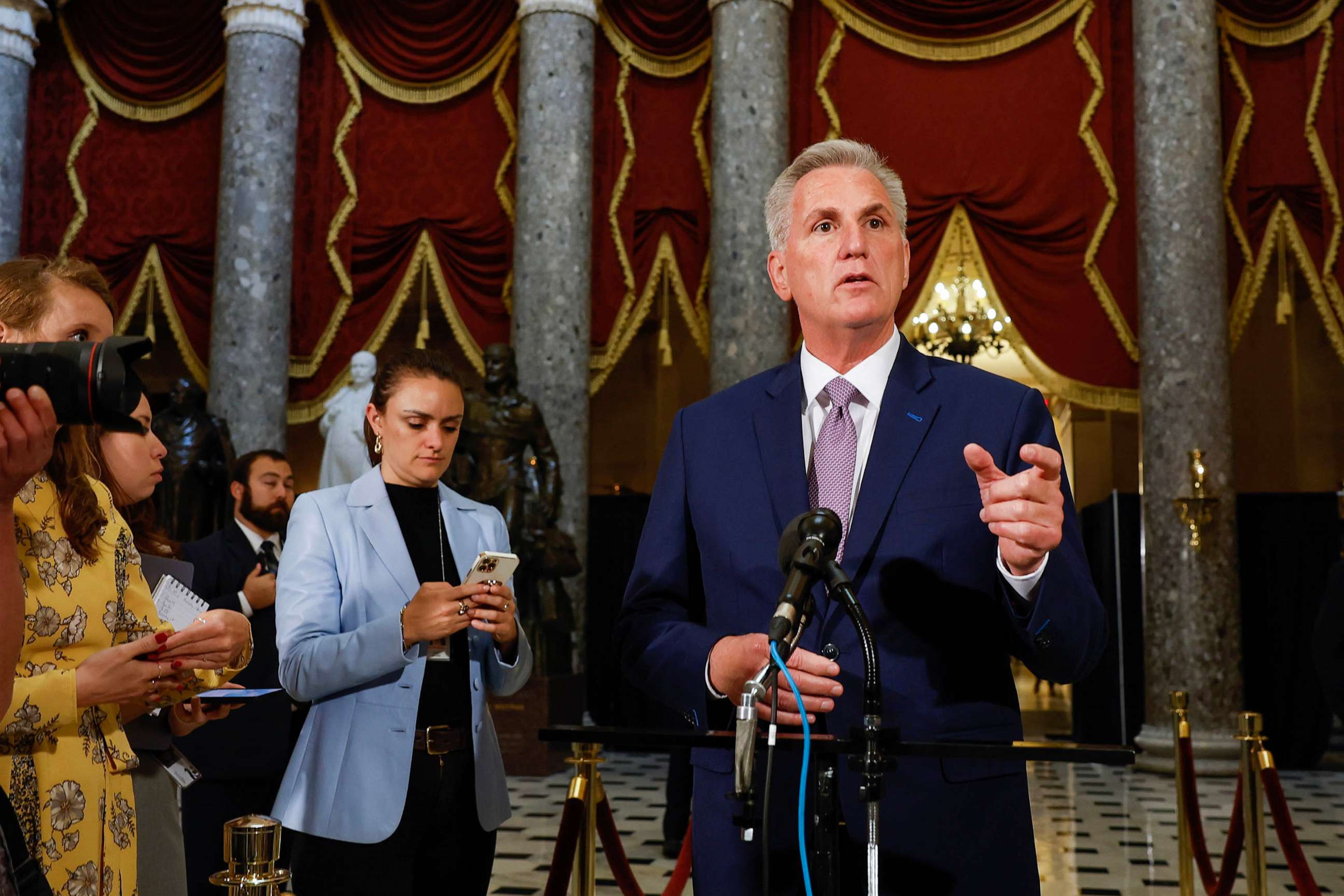 PHOTO: Speaker of the House Rep. Kevin McCarthy speaks to the media at the US Capitol on April 26, 2023 in Washington, DC.